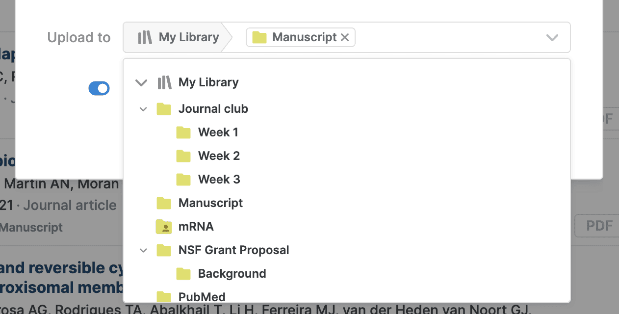 The “Upload to” selector set to My Library › Manuscript, with the folder tree open showing Journal club (Week 1, Week 2, Week 3), Manuscript, mRNA, NSF Grant Proposal (Background) and PubMed.